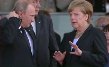 Merkelová: „А что, если мы сделаем это Владимир,  таким образом? Putin: „Jawohl Angela, Ordnung muss  sein.“ Zeman: „Nemluvím, abych slyšel.“ 